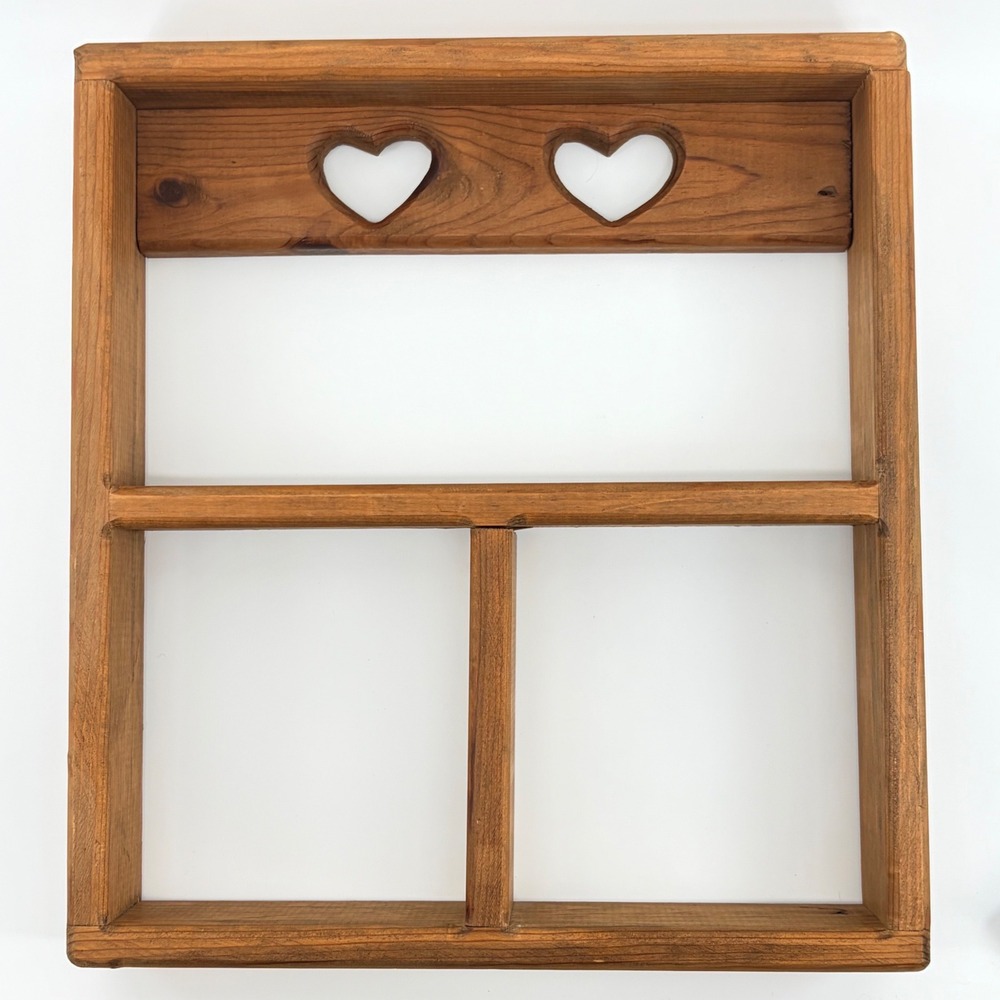 Rustic Wooden Wall Shelf Heart Cutout Shadow Box Trinket Display Farmhouse Boho